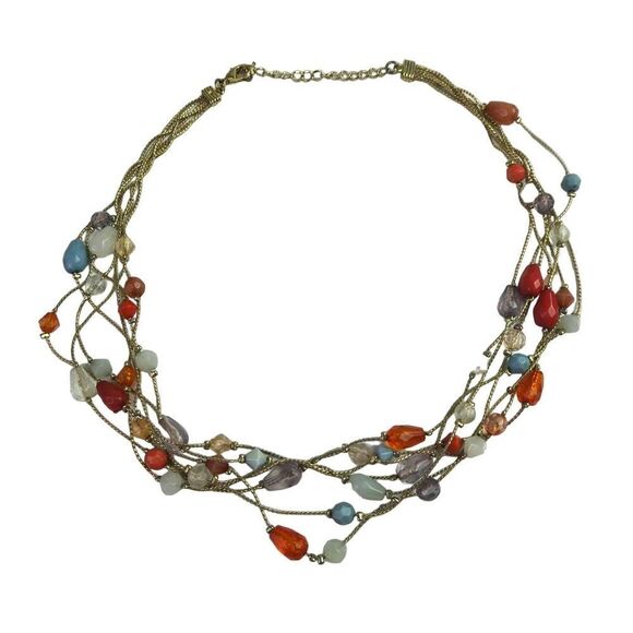 Gold Tone Many Multi Strand Woven Beaded Colorful Necklace Red Blue Orange Clear - Picture 1 of 8